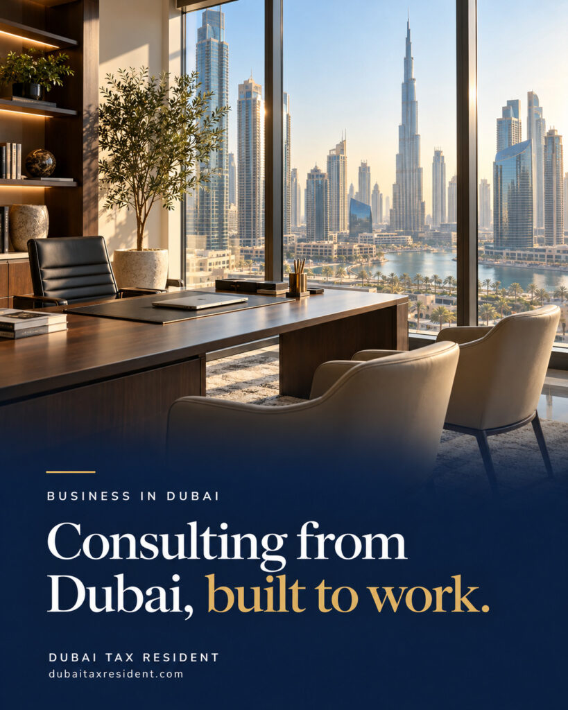 Elegant contemporary small consulting office, desk and meeting chairs with Dubai business district beyond windows, no people. Consulting from Dubai, built to work.