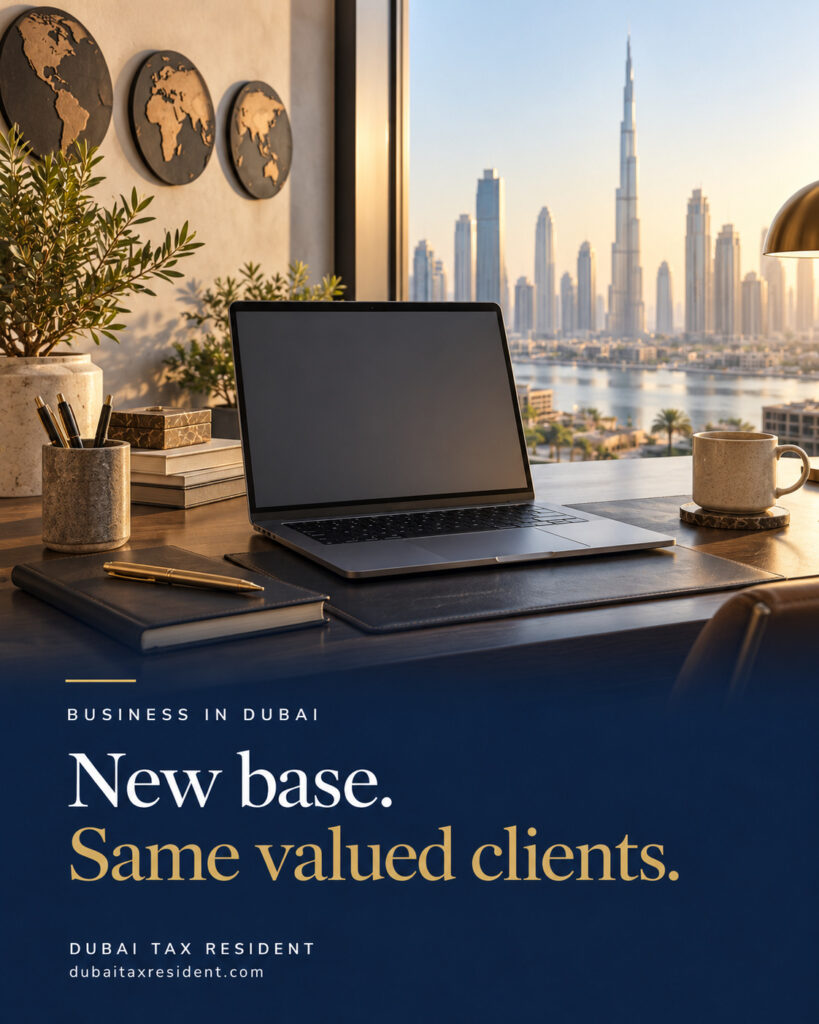 Laptop on a refined desk with a blank neutral video-call screen, world clock silhouettes without readable times, no people. New base. Same valued clients.