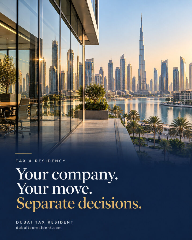 Modern European office architecture subtly reflected in glass beside a Dubai business district view. Your company. Your move. Separate decisions.